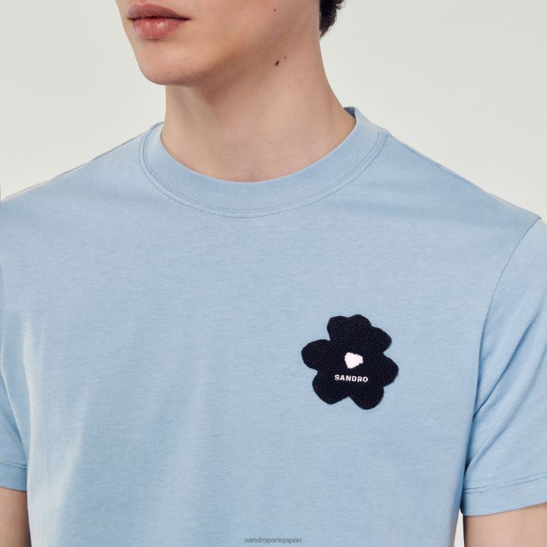 jp Sandro Paris 男性 フラワーパッチ Tシャツ 青 20D4B719 衣服