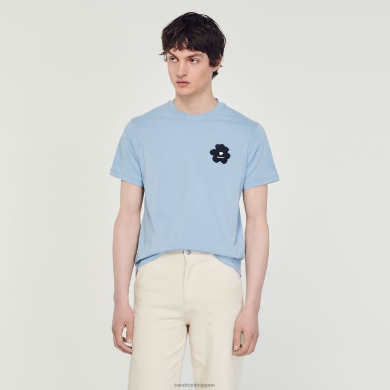 jp Sandro Paris 男性 フラワーパッチ Tシャツ 青 20D4B719 衣服