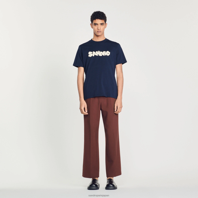 jp Sandro Paris 男性 刺繍Tシャツ ネイビーブルー 20D4B802 衣服