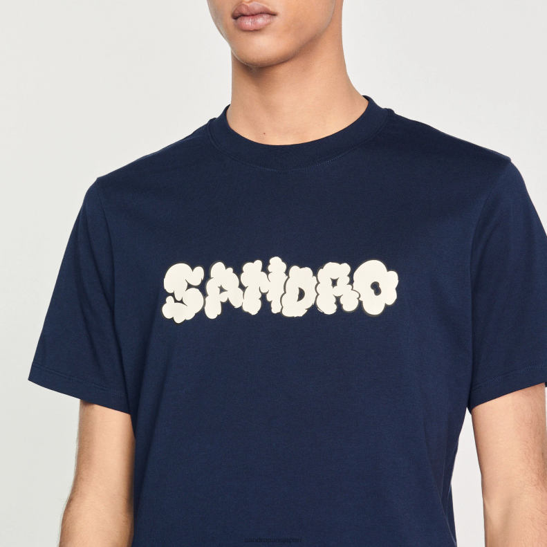 jp Sandro Paris 男性 刺繍Tシャツ ネイビーブルー 20D4B802 衣服