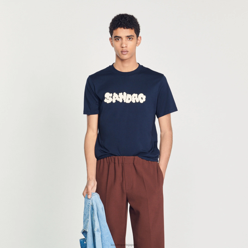 jp Sandro Paris 男性 刺繍Tシャツ ネイビーブルー 20D4B802 衣服