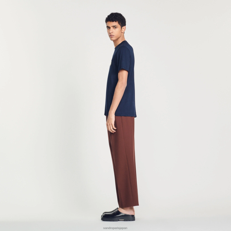 jp Sandro Paris 男性 刺繍Tシャツ ネイビーブルー 20D4B802 衣服