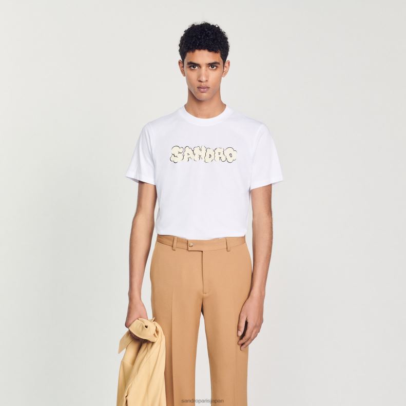 jp Sandro Paris 男性 刺繍Tシャツ 白 20D4B803 衣服